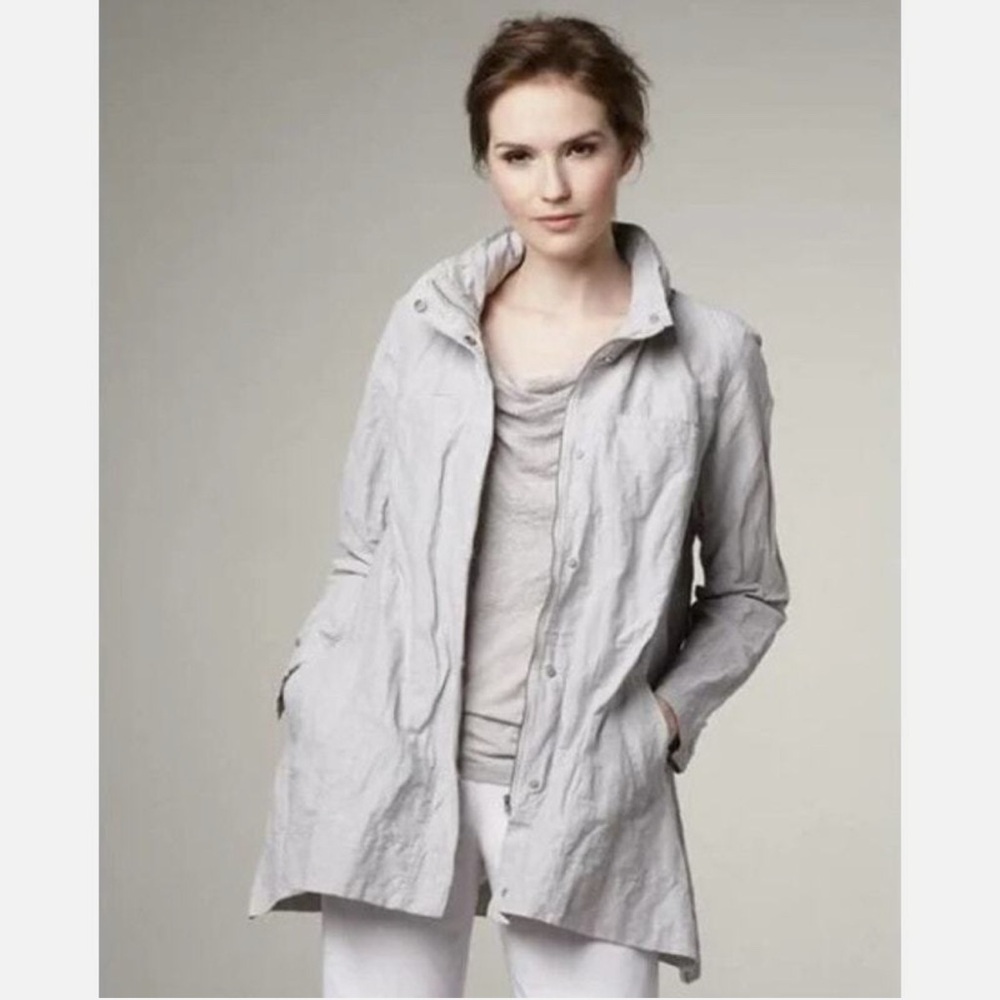 Eileen Fisher Jacket Rumpled Organic Cotton Blend M Medium zip hooded A Line - Picture 2 of 14